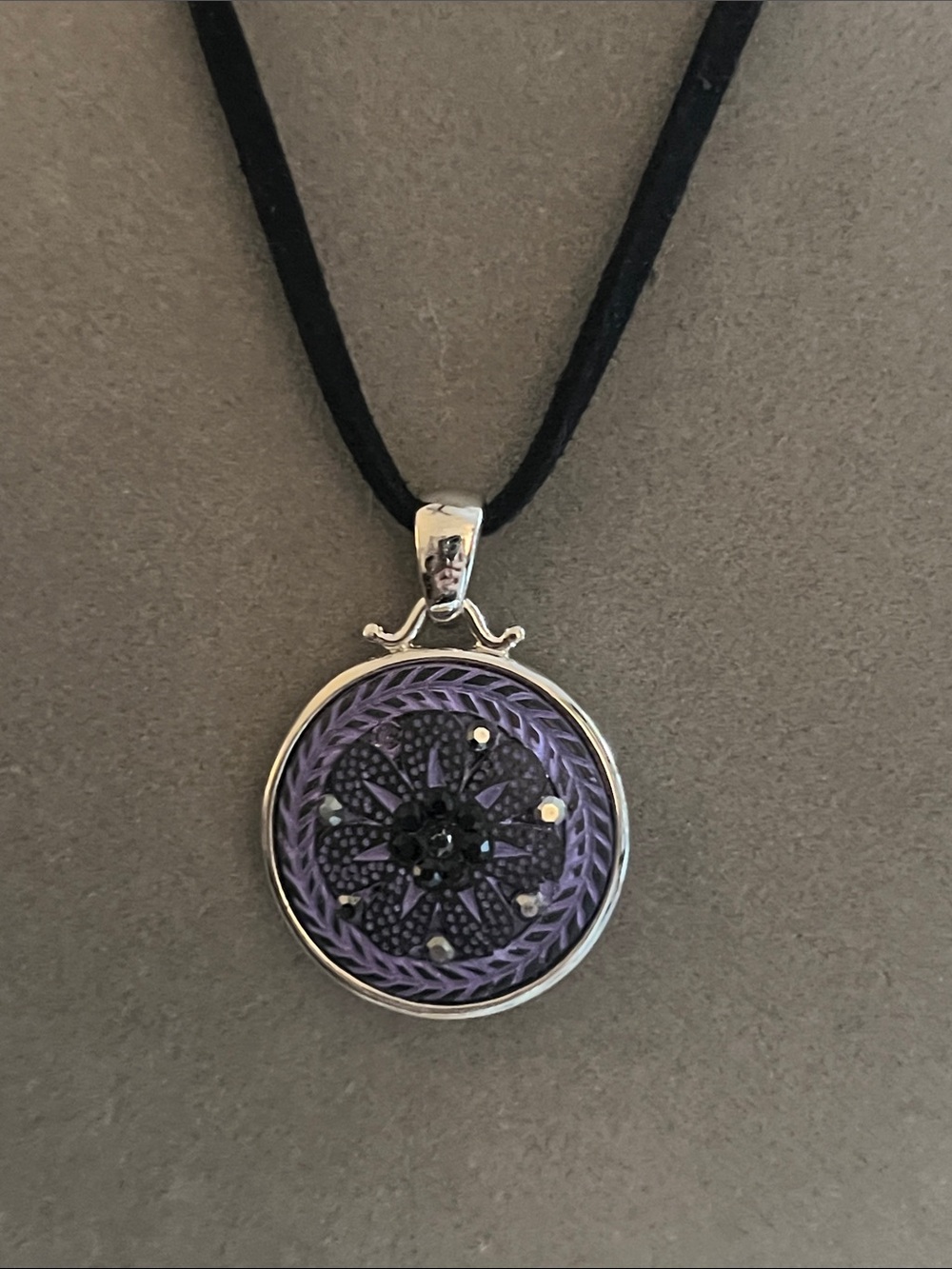 Lia Sophia Purple Mandala Pendant on Black Cord Necklace